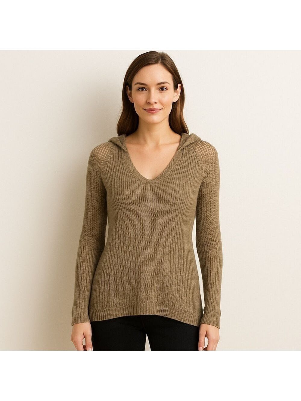 Kenar taupe neutral knit hooded vneck lightweight sweater top medium boho chic